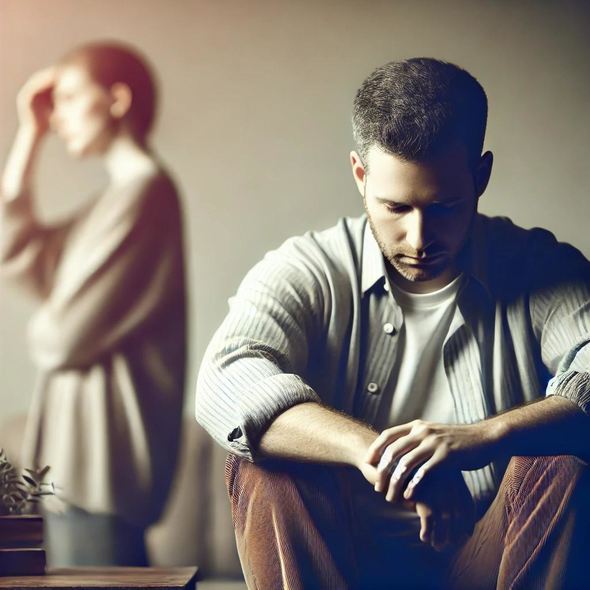 A male and female couple, with the man sitting alone looking overwhelmed, his head in his hands. The woman is blurred in the background, walking away, symbolizing the emotional turmoil and betrayal of repeated affairs. The scene emphasizes feelings of isolation and inner conflict.