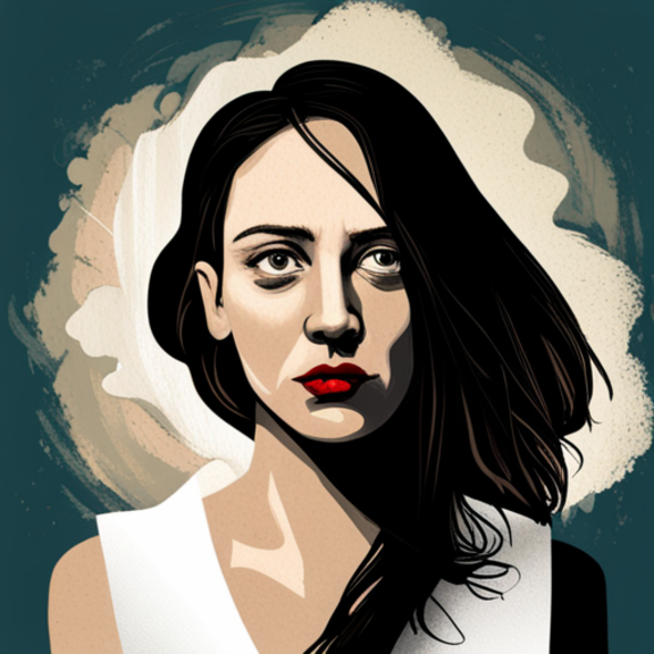 A stylized illustration of a woman with long dark hair, a solemn expression, and red lipstick. She is depicted in a pop art style with bold lines and contrasting shadows. The background features abstract, muted colors with a soft circular design.