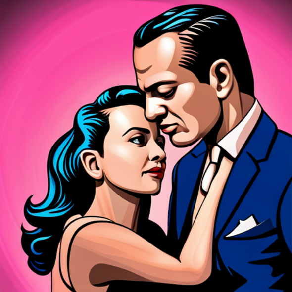 A stylized illustration of a couple in an intimate embrace, with a sense of tension in their expressions, symbolizing the underlying conflict that can arise from self-righteous attitudes in a relationship