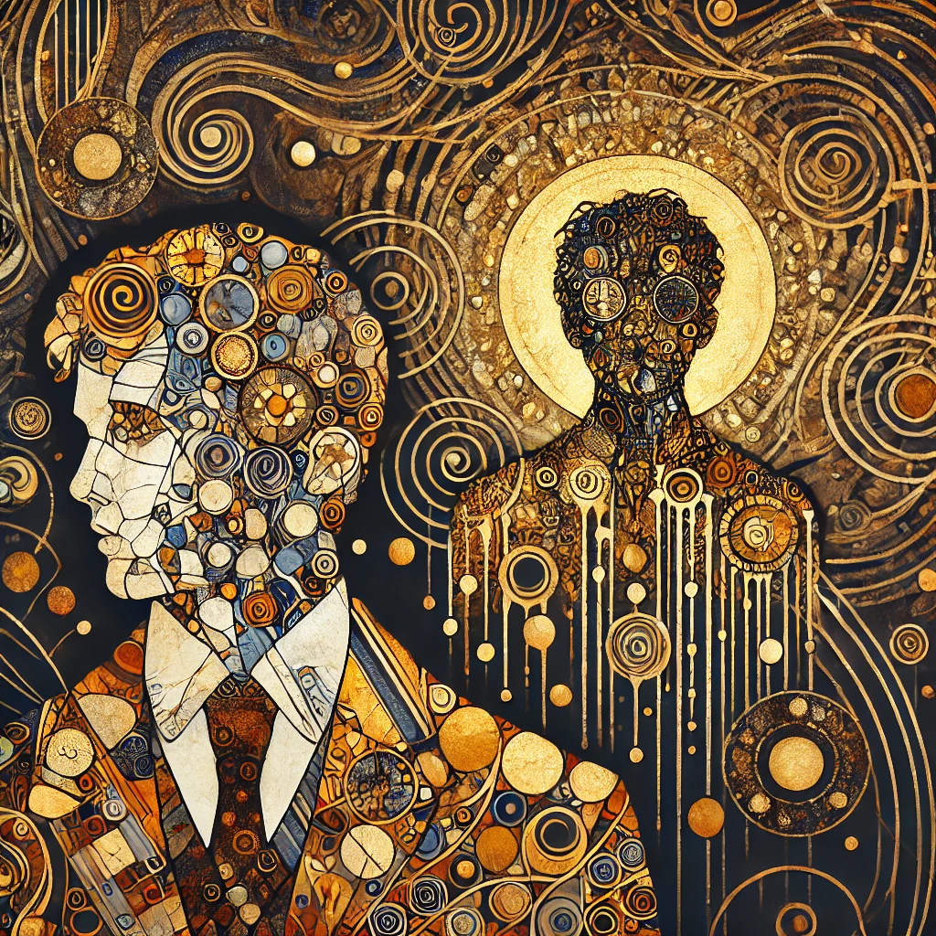 Stylized image inspired by Gustav Klimt, depicting the emotional turmoil of gaslighting after an affair. The image features abstract figures intertwined with patterns, symbolizing the confusion, manipulation, and fractured trust that often accompany the aftermath of infidelity.