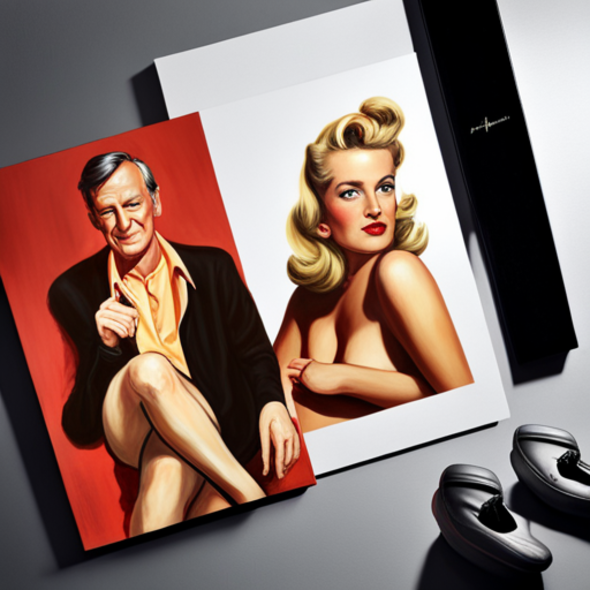 A stylized painting featuring a man and a woman in a vintage pin-up style. The man is seated, reminiscent of Hugh Hefner, while the woman strikes a classic pose. This image can symbolize the glamorized yet problematic allure of affairs, and the complexities that arise when issues like traumatic brain injury are involved. The juxtaposition of the two figures highlights the duality of attraction and the hidden struggles beneath the surface.