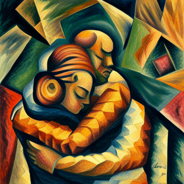 A cubist-style painting of a couple embracing closely, with both figures appearing to find comfort and solace in each other's arms. The geometric shapes and vibrant colors of the artwork emphasize the emotional depth of their connection, symbolizing healing, forgiveness, and intimacy.