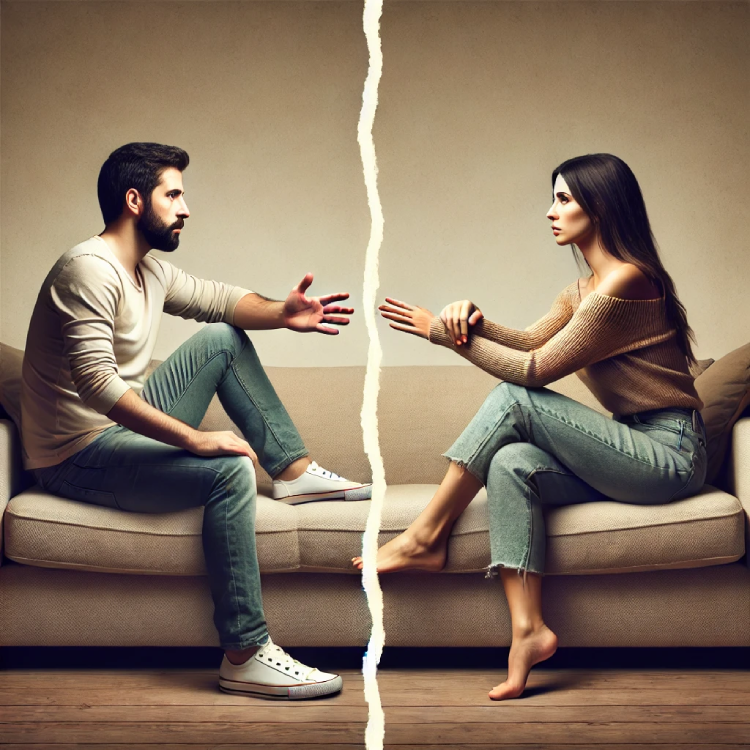 A split image showing a man on the left side, sitting at one end of a couch, representing emotional distance and conflict during an argument. On the right side, a woman sits calmly, reaching out, symbolizing healing and reconciliation. The split between the two highlights the transition from toxic arguments to healing after an affair.