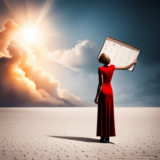 A woman in a red dress stands in a vast, open space, holding a calendar against a backdrop of clouds and sunlight, symbolizing the journey and passage of time required to heal and feel normal after the emotional shock of an affair.