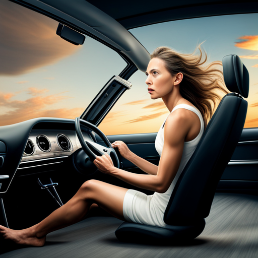 A woman driving a car with a determined expression, her hair blowing in the wind as she navigates a road at sunset, symbolizing the journey of regaining control and steering through life's challenges after experiencing the emotional turmoil of an affair.