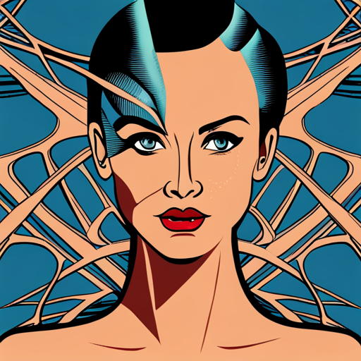 A stylized, futuristic illustration of a woman with bold, angular features, staring forward with a serious expression. Intricate web-like patterns surround her head, symbolizing complex neural connections and the influence of mirror neurons on thoughts and desires.