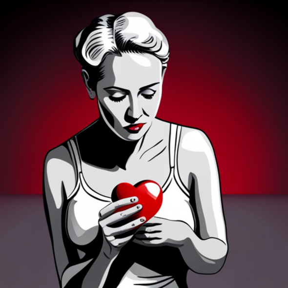 A stylized, grayscale illustration of a woman holding a red heart close to her chest while looking down at it with a solemn expression. The vibrant red heart contrasts with the monochromatic tones, symbolizing emotional pain, healing, or heartbreak.