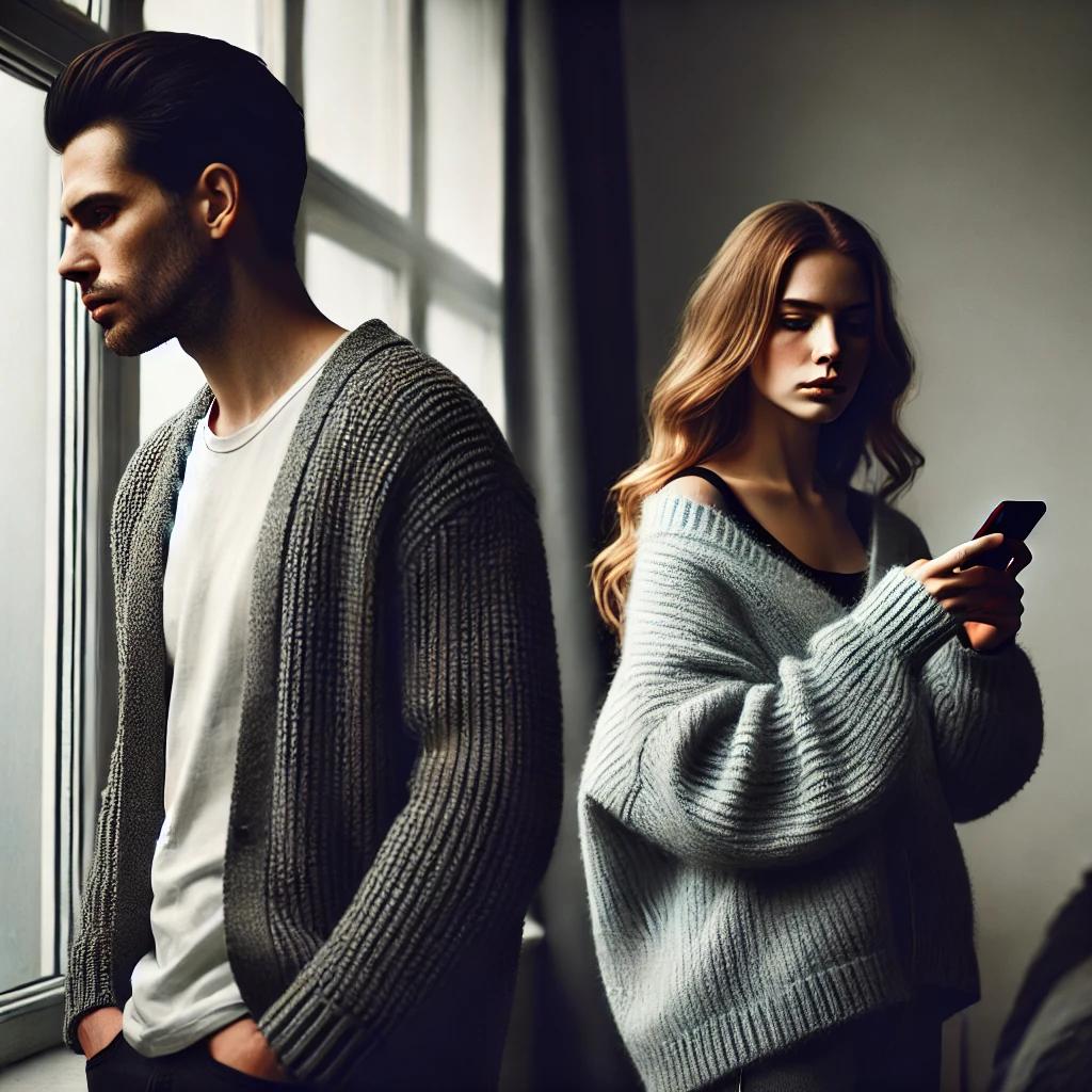 A couple stands in the same room, facing away from each other. One person looks somber and upset, while the other is distracted, looking at their phone. The emotional tension and disconnection between them is palpable, symbolizing the strain and distance caused by infidelity in their relationship.