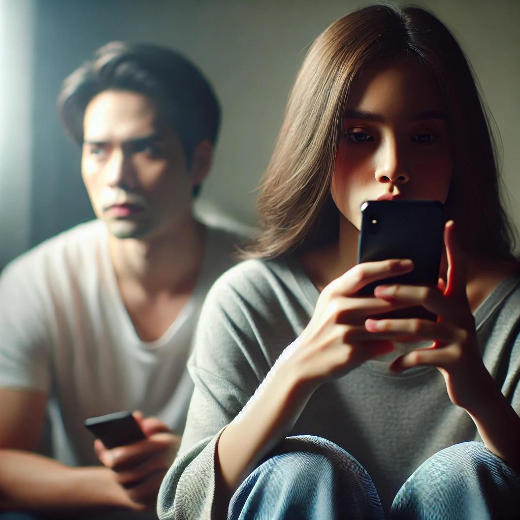 A couple sitting together, with one person holding a phone while the other looks concerned. The image highlights the emotional tension and mistrust in their relationship, representing the conflict between privacy and trust.