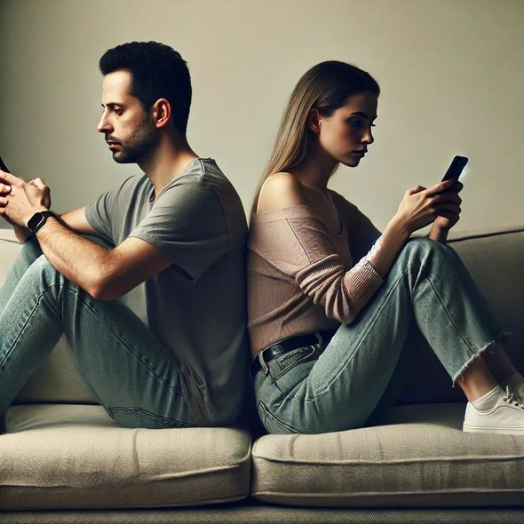 A couple sits back to back on a couch, both looking down at their phones. The image conveys emotional distance and disconnection, with no eye contact or interaction between them. The phones symbolize distractions, like online activities, creating tension in their relationship.