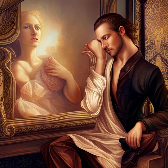 a man sitting in front of a portrait, appearing to wipe a tear from his eye