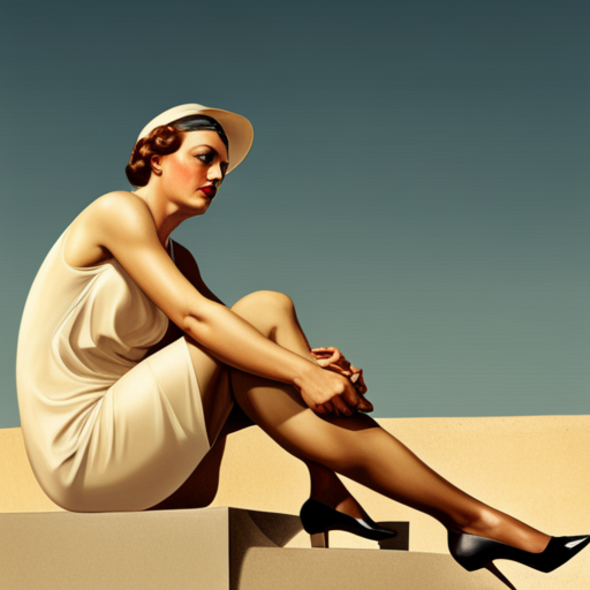 A stylized illustration of a woman sitting thoughtfully on a set of steps, wearing a cream-colored dress and heels, with her hands resting on her knees. Her contemplative expression and relaxed posture symbolize the patience and reflection required during the lengthy process of affair recovery.