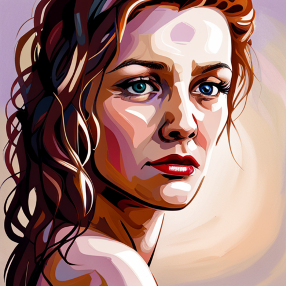 A stylized illustration of a woman with wavy hair, looking over her shoulder with a serious and introspective expression. The bold colors and shading emphasize her blue eyes and the sense of emotional depth, symbolizing the struggle and reflection involved in recovering from an affair and preventing relapse.