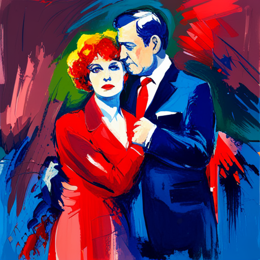 A vibrant, abstract painting of a couple standing close together, with the man gently holding the woman's hand as he leans in toward her. The woman has a thoughtful expression, while the colorful, bold strokes around them evoke a mix of emotions, symbolizing the complexity of love, loyalty, and tension in relationships after an affair.