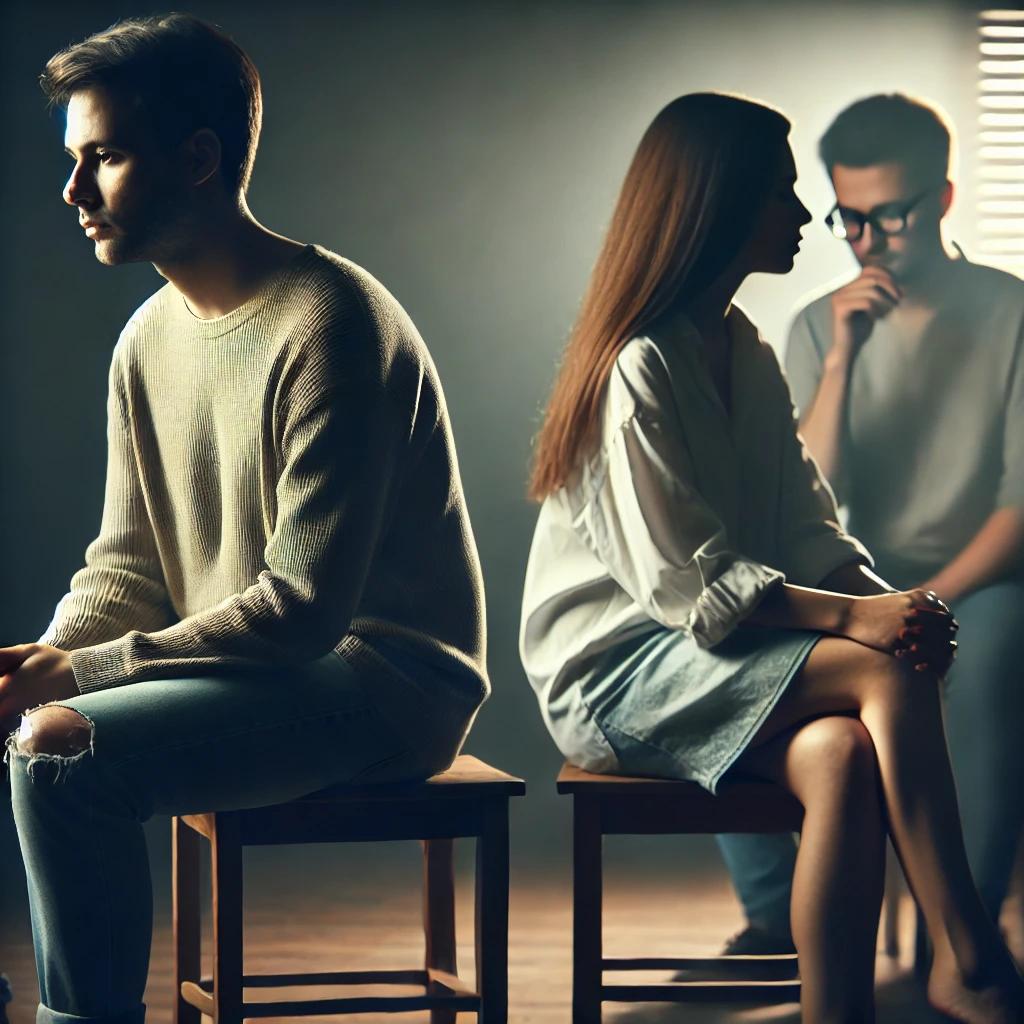 A somber image of a couple sitting apart from each other, disconnected, with blurred images of another couple in the background, symbolizing hidden relationships, secrecy, and the emotional strain related to swinging and sexual addiction.