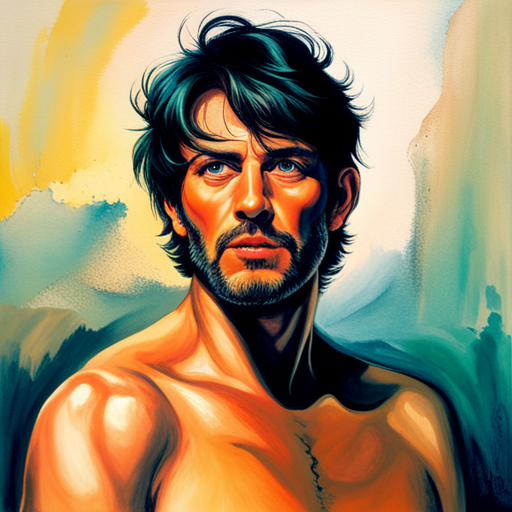 Stylized portrait of a contemplative man with intense, expressive eyes, set against a vibrant, abstract background, capturing a moment of deep reflection and emotional intensity.