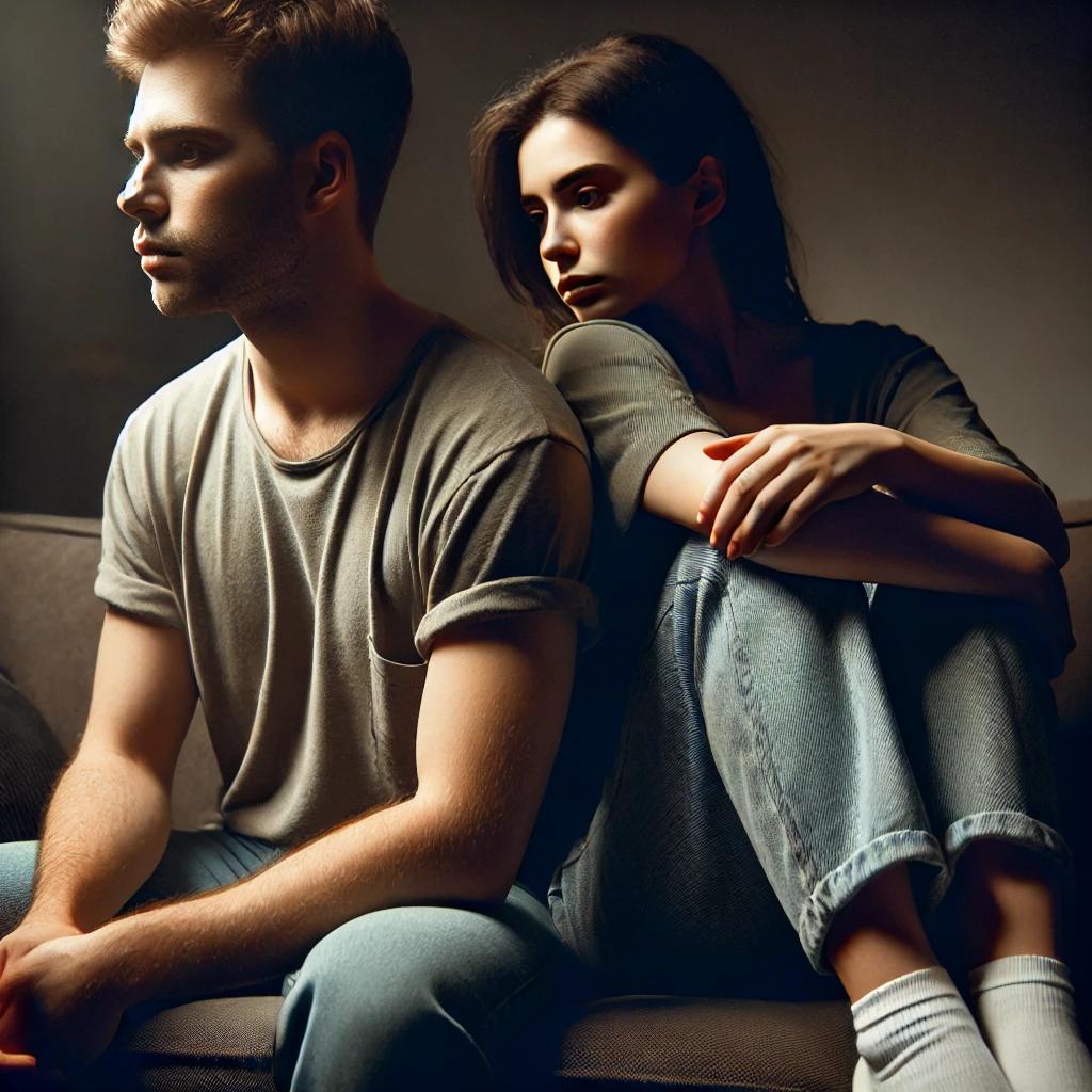 A couple sitting together on a couch, physically close but emotionally distant. One person stares ahead while the other looks down, both showing no affection or connection. The scene highlights the emotional separation despite their physical proximity, creating a somber and disconnected atmosphere.