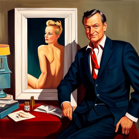 a man in a suit sitting at a table, with a portrait of a nude woman's back behind him.