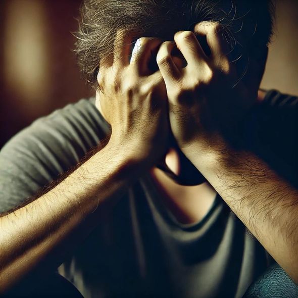 A person holding their head in their hands, with clenched fists and hunched shoulders, symbolizing the physical tension and internal struggle of trauma. The image reflects the disconnect between mental and physical healing.