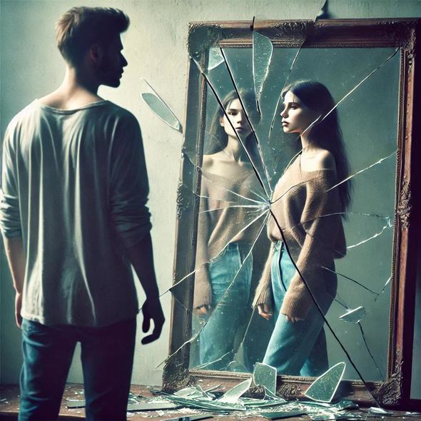 A couple stands in front of a broken mirror, with cracks distorting their reflections. Both appear emotionally distant, looking at their fragmented reflections rather than at each other. The shattered mirror symbolizes the destructive impact of perfectionism on their relationship, distorting reality and creating emotional separation.