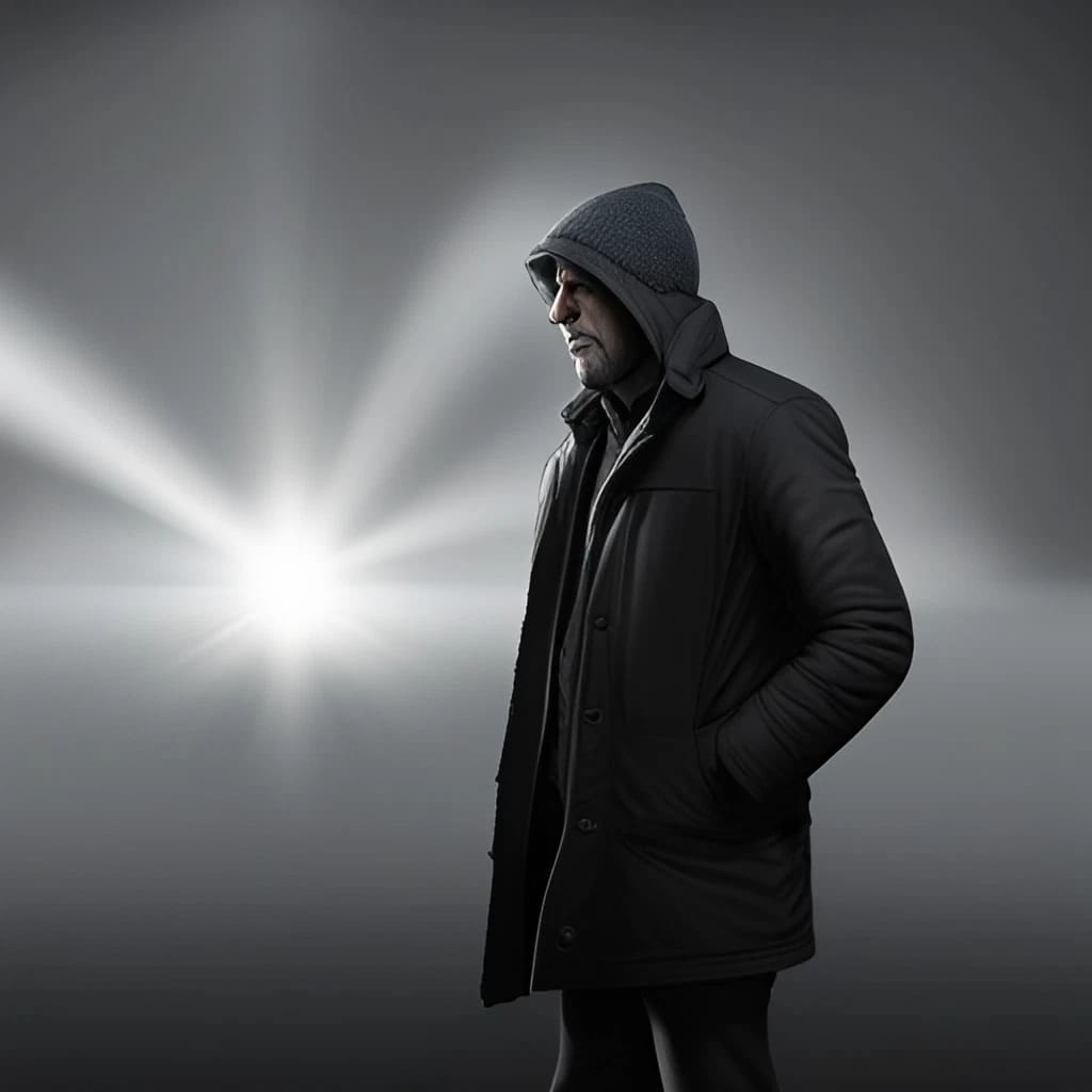 a sullen man in a hooded jacket standing in the fog