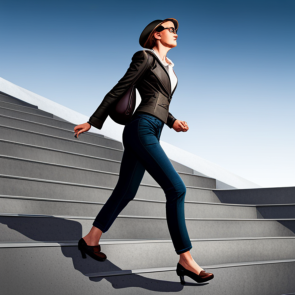 A confident woman walking down a set of stairs, dressed in a professional outfit, wearing sunglasses and a hat. Her stride is purposeful, symbolizing progress and forward movement. The image suggests determination and growth, reflecting the journey of rebuilding trust in a relationship.