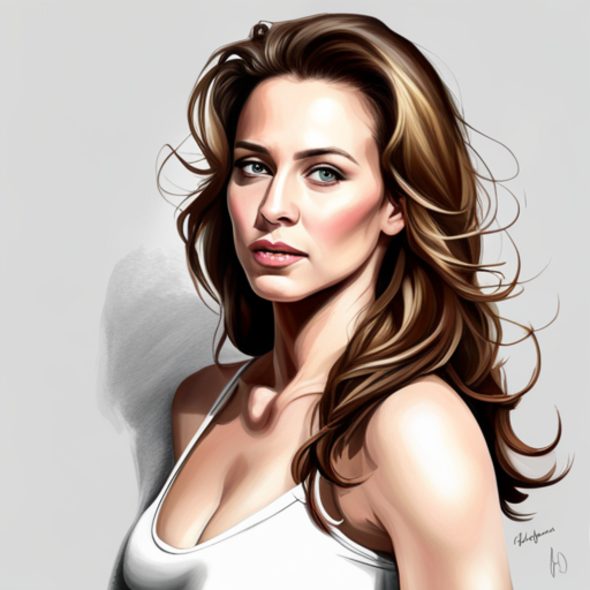 A digital portrait of a woman with wavy hair and a confident expression, wearing a white tank top. The image conveys a sense of pride and allure, often associated with the complexities of an affair. The woman's demeanor reflects both strength and vulnerability, highlighting the emotional conflict and self-reflection that can accompany infidelity.