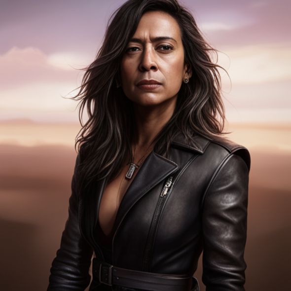 A strong, determined woman with a serious expression, wearing a leather jacket, stands against a backdrop of a dusky sky, symbolizing the emotional resilience and complexity faced by those dealing with the consequences of sexual liberation and its impact on relationships.