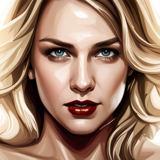 A stylized portrait of a confident woman with striking blue eyes and red lipstick, representing the allure and risks associated with swinging and the merchandising of one's spouse.