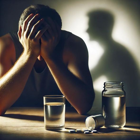 A person with a stressed expression, holding their head in their hands, sitting at a table with a glass of water and vitamin pills nearby. In the background, a faint silhouette suggests hidden worries, symbolizing the connection between stress, infidelity, and compromised health.