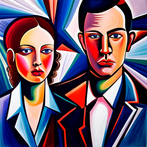 Abstract painting of a couple with serious expressions, symbolizing the complexity and emotional intensity that often accompanies the abrupt ending of an affair, as discussed in the article 'Why Do Affairs End Without Warning?'