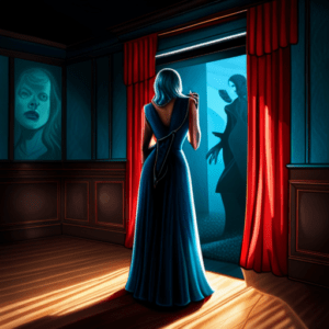 Woman in a scary setting being haunted by a phantom woman