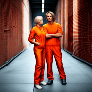 Married couple in orange prison uniforms