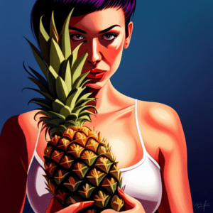 Image of a seductive looking woman holding a pineapple.