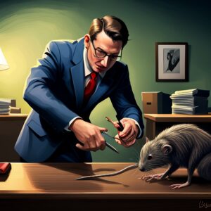 Man in a business suit in a study with a rat