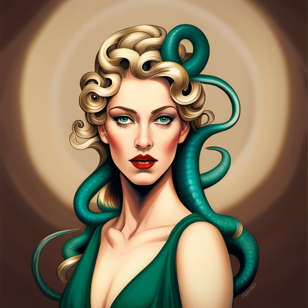 A woman with Medusa-like features