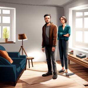 Couple standing in their living room with troubled look on their faces.