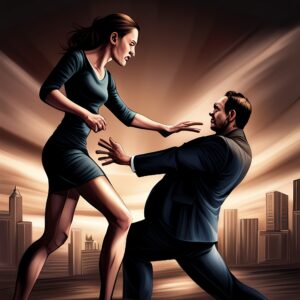 Woman and man in a forceful struggle with each other