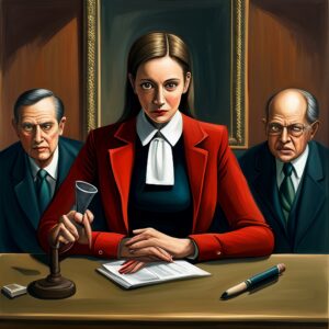 Woman and two men in a courtroom setting.