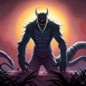 A menacing looking monster with red eyes