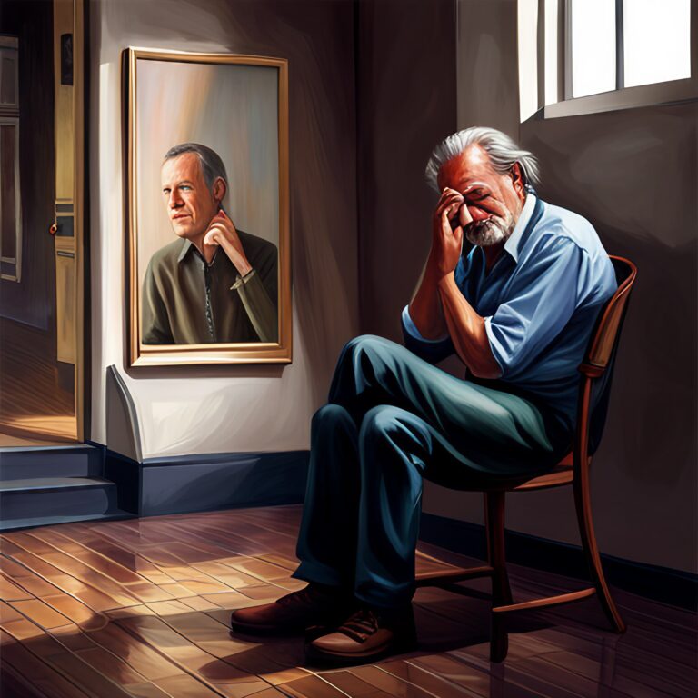 Older man weeping in front of an image of a younger man.