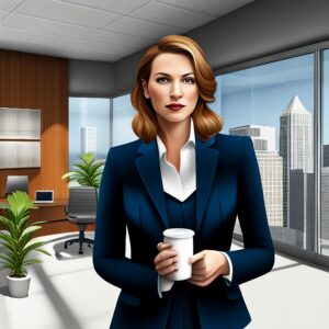 An attractive woman wearing a business suit in an office setting.