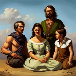 Image of a family with two father figures and a bewildered child looking at the mother.