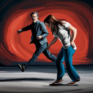 Image of a man running away from a woman in pain